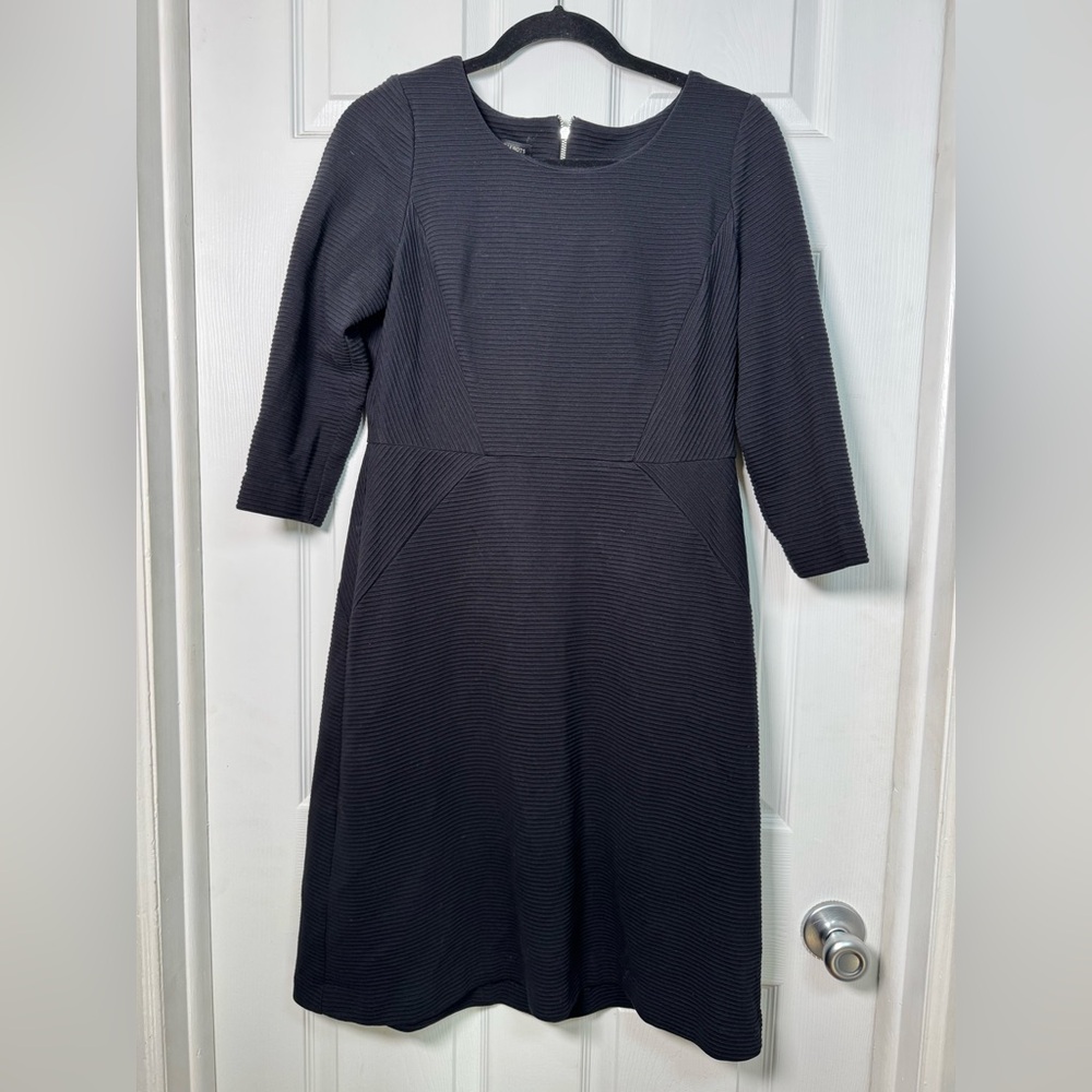 Talbots Black Textured Fit & Flare Dress Size 8 3/4 Sleeve Stretch Knit